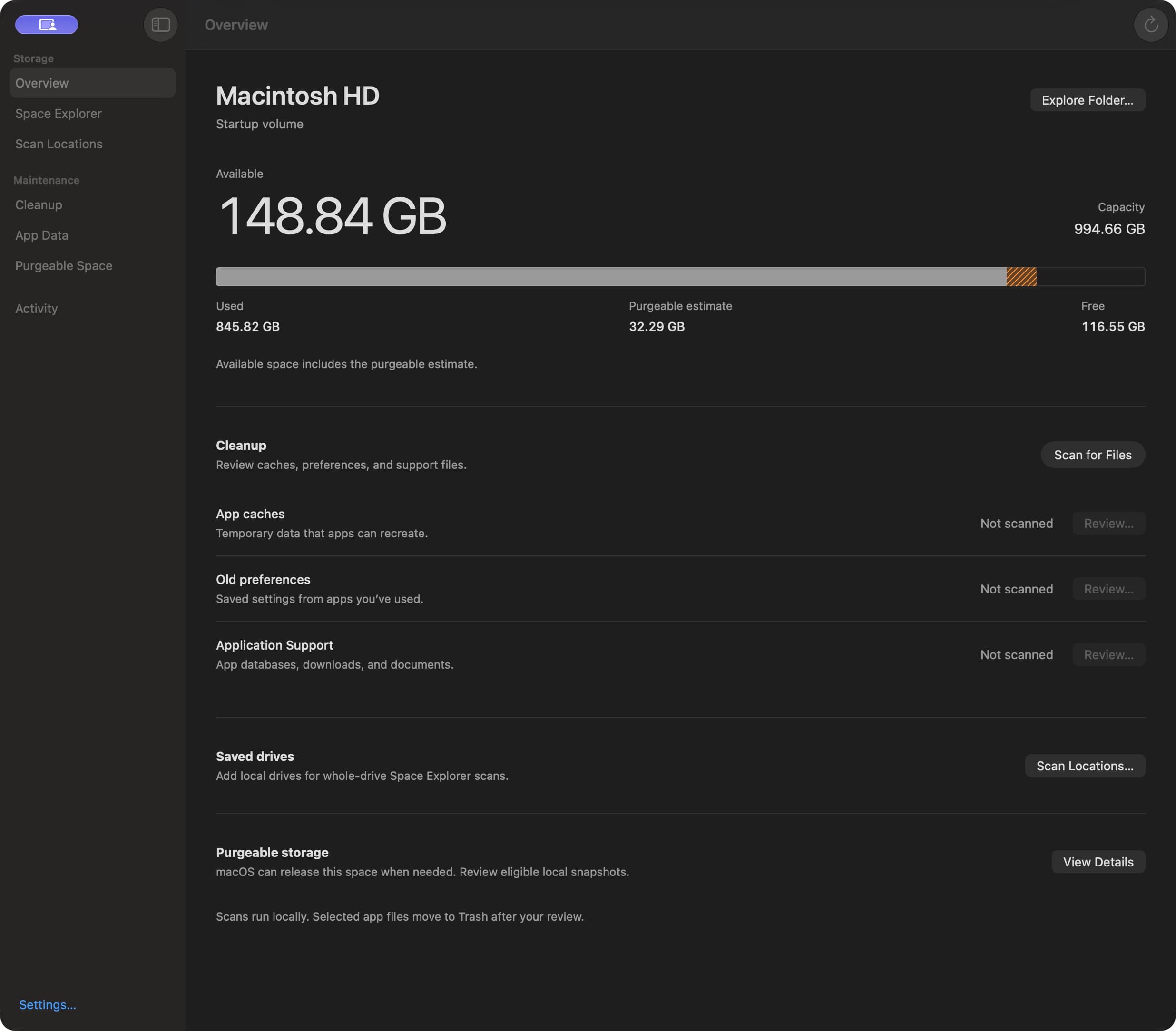 Mac Tools showing disk capacity, storage allocation, and cleanup categories.