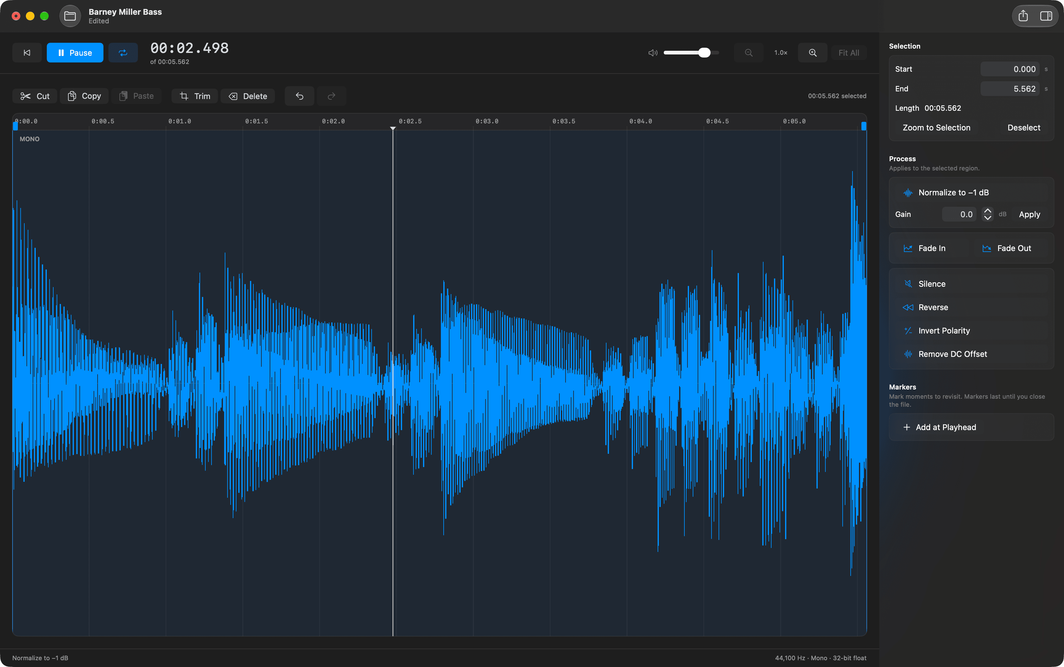 Simple Edit playing a selected bass take, with transport controls and the inspector with process tools.