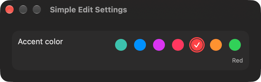 Simple Edit Settings with seven accent color swatches. Red is selected.